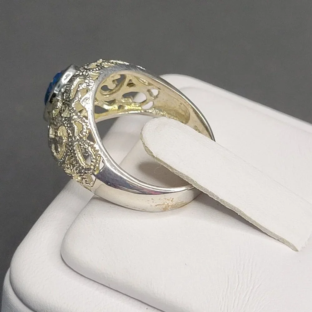 925 Silver Blue Opal Oval Shape Stone Fashion Dome Ring Filigree Size 8 1/2 - Picture 5 of 7